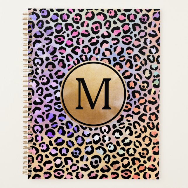 Agenda Monograma Dourado Iridescente Rainbow Leopardo Iri (Frente)