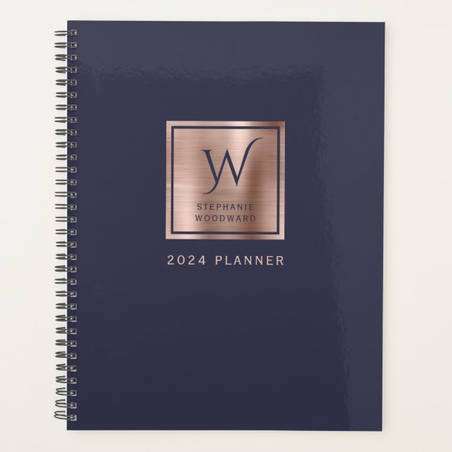 Agenda Monograma Dourado Marinho Azul Elegante 2024 (Frente)