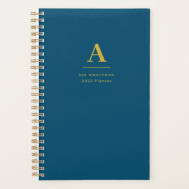Agenda Monograma Dourado Moderno Azul Índigo Pro Negócios