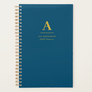Agenda Monograma Dourado Moderno Azul Índigo Pro Negócios