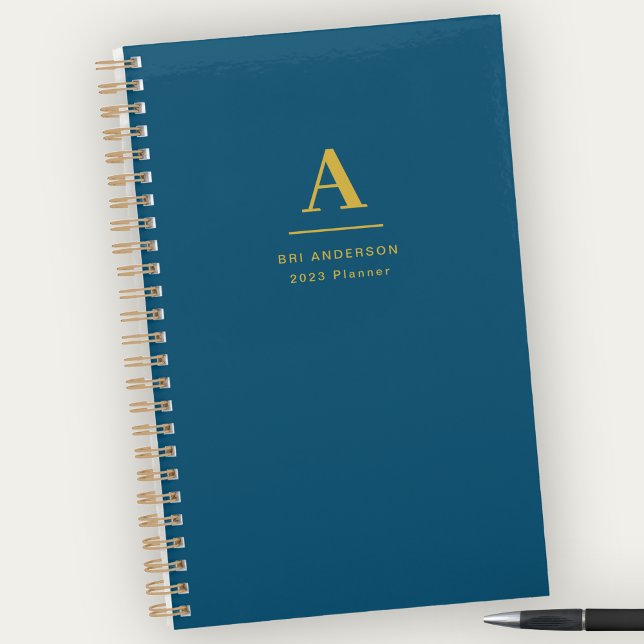 Agenda Monograma Dourado moderno Indigo Blue Pro Business (Criador carregado)