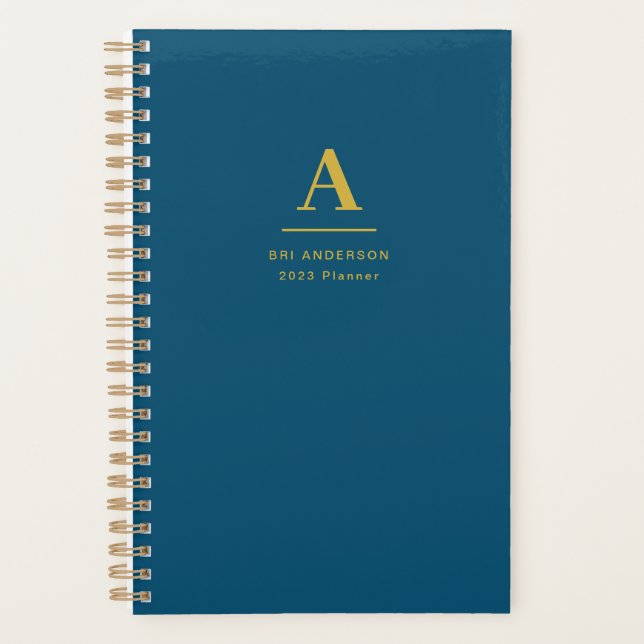 Agenda Monograma Dourado moderno Indigo Blue Pro Business (Frente)