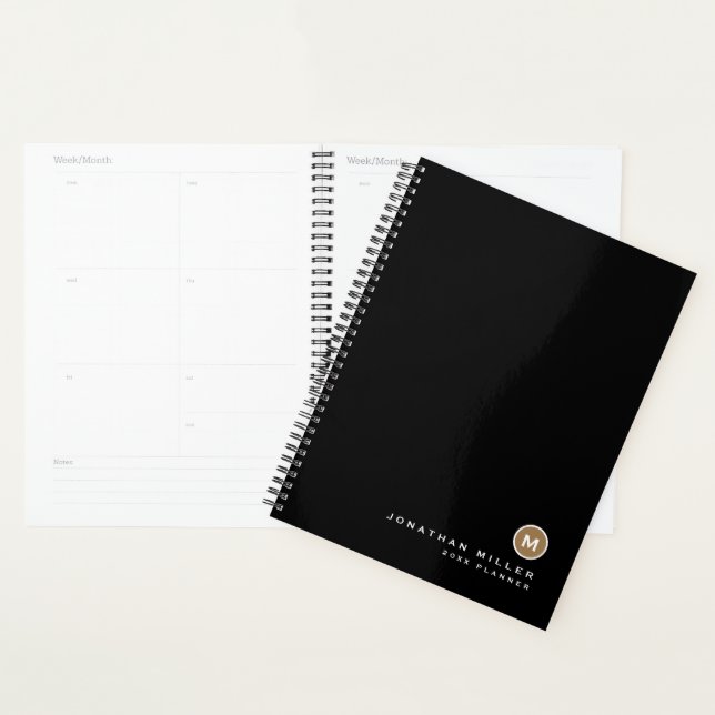 Agenda Monograma Dourado preto mínimo (Exibição)
