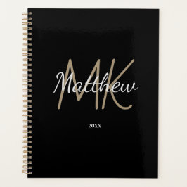 Agenda Monograma Dourado Preto Personalizado Nome Inicial