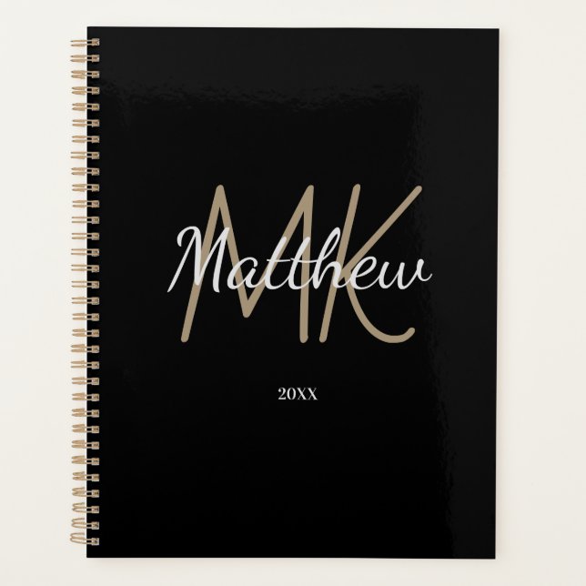 Agenda Monograma Dourado Preto Personalizado Nome Inicial (Frente)