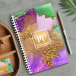 Agenda Monograma dourado, verde agate, aquarela<br><div class="desc">Um retângulo de folha de ouro esparso, falso, com um monograma de tipografia de script, sobrepõe um plano de cores aquáticas rico, dourado, roxo, verde, aqua e cor-de-rosa neste gráfico, elegante, de tendências, nome personalizado e planificador anual. Personalize com a sua inicial. Este planejador é fornecido em 2 tamanhos: pequeno...</div>
