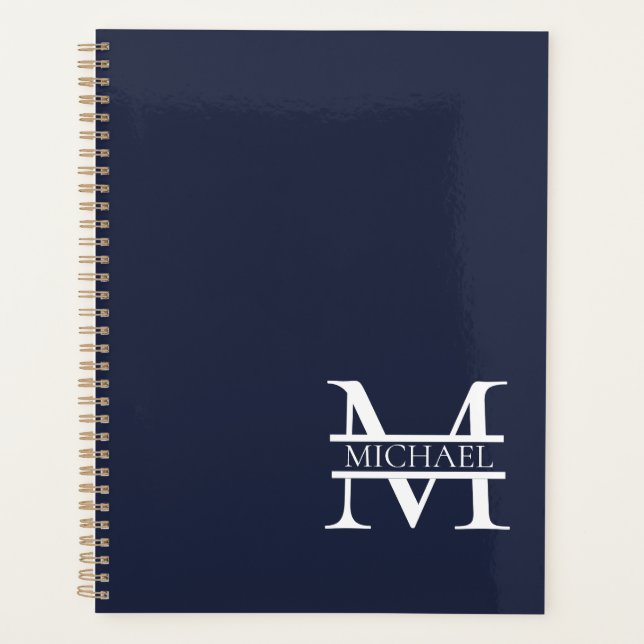 Agenda Monograma e Nome Azul do Marinho Elegante Personal (Frente)