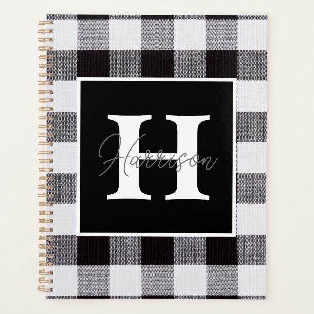 Agenda Monograma e Nome da Xadrez Gingham Preto e Branco (Frente)