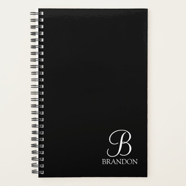 Agenda Monograma e Nome de Script Personalizado Preto (Frente)