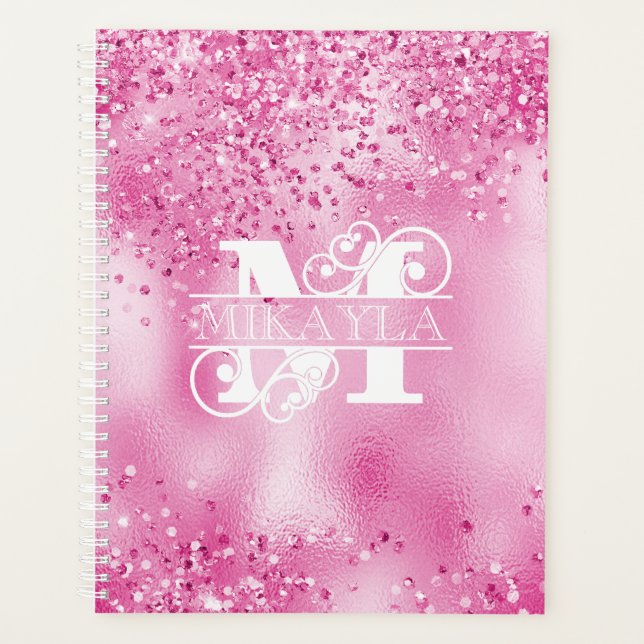 Agenda Monograma e nome no Faux Fuchsia Foil & Glitter (Frente)