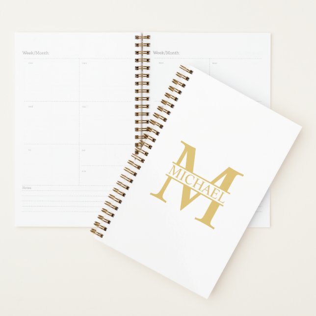 Agenda Monograma e Nome Personalizados Branco e Dourado (Exibição)
