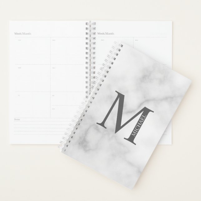 Agenda Monograma e Nome Personalizados do Marble Branco (Exibição)