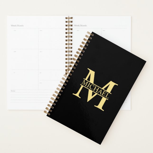 Agenda Monograma e Nome Personalizados Preto e Dourado (Exibição)