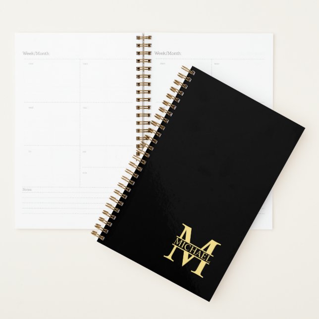 Agenda Monograma e Nome Personalizados Preto e Dourado (Exibição)