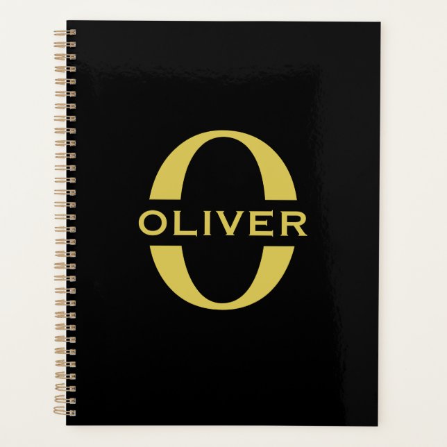Agenda Monograma E Nome Preto E Dourado Personalizado (Frente)
