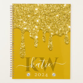 Agenda Monograma Elegante Amarelo com Brilho Pingando