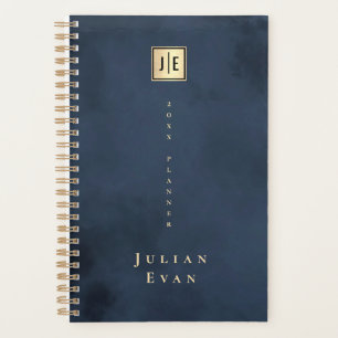 Agenda Monograma Elegante Dourado Azul marinho Não Data 2