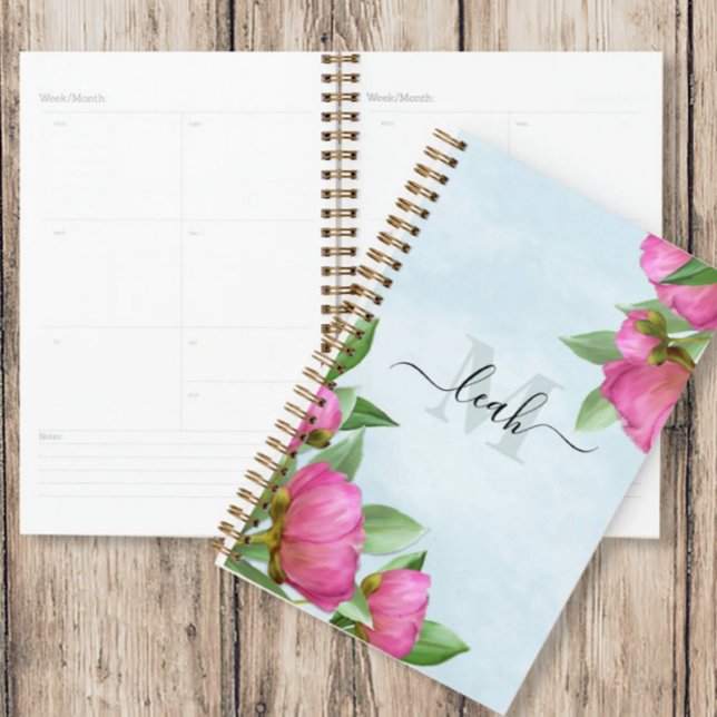 Agenda Monograma Elegante Floral Vintage Bonito Pink (Criador carregado)