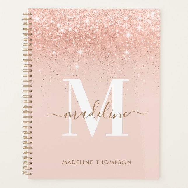 Agenda Monograma Elegante Glamoroso Rosegold Glitter (Frente)