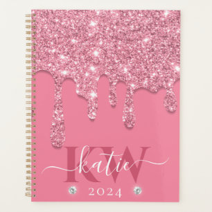 Agenda Monograma Elegante Rosa Claro com Glitter Caindo