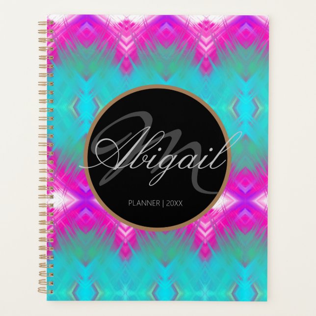 Agenda Monograma Elegante Tie Dye Pink Turquoise Azul (Frente)