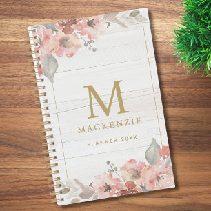 Agenda Monograma Floral Água-Marinha Rosa Madeira Rústica
