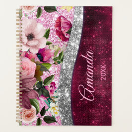 Agenda monograma floral Burgundy cor-de-rosa-prateado