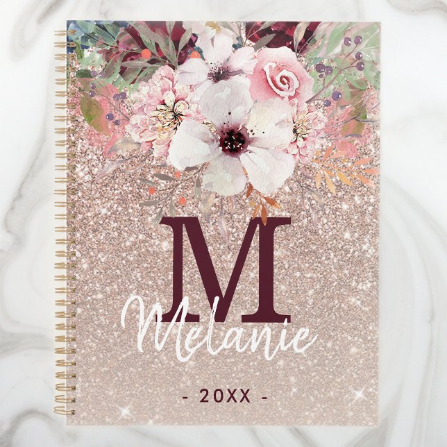 Agenda Monograma Floral Cor-de-Rosa Dourada 2023 (Criador carregado)
