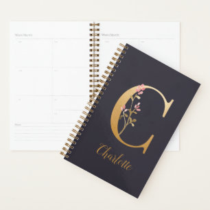 Agenda Monograma Floral Dourado Elegante Azul Personaliza