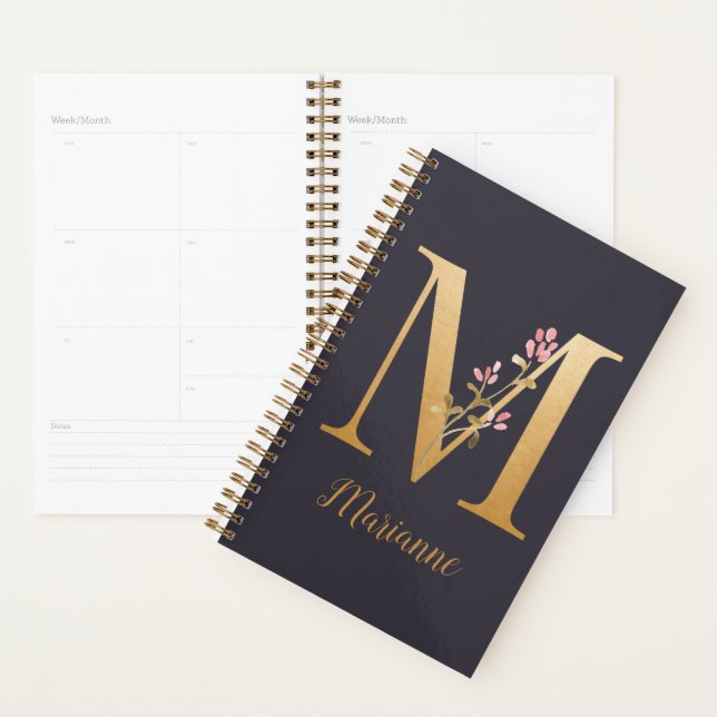 Agenda Monograma Floral Dourado Elegante Azul Personaliza (Exibição)