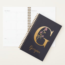 Agenda Monograma Floral Dourado Elegante Azul Personaliza