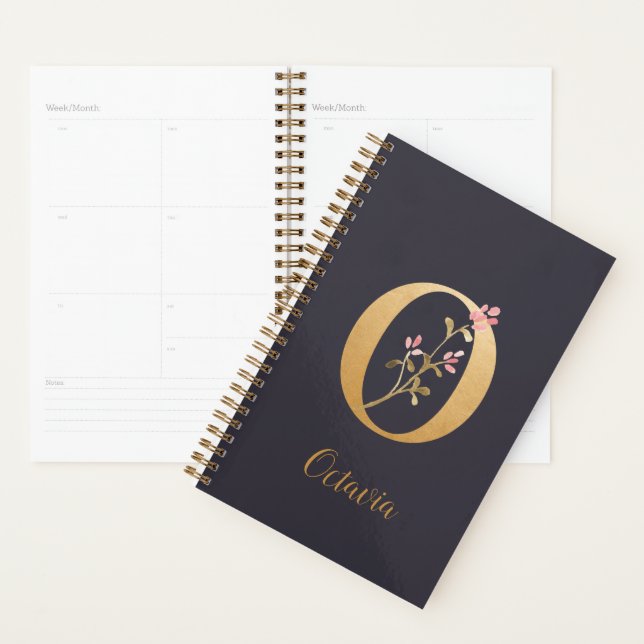 Agenda Monograma Floral Dourado Elegante Azul Personaliza (Exibição)