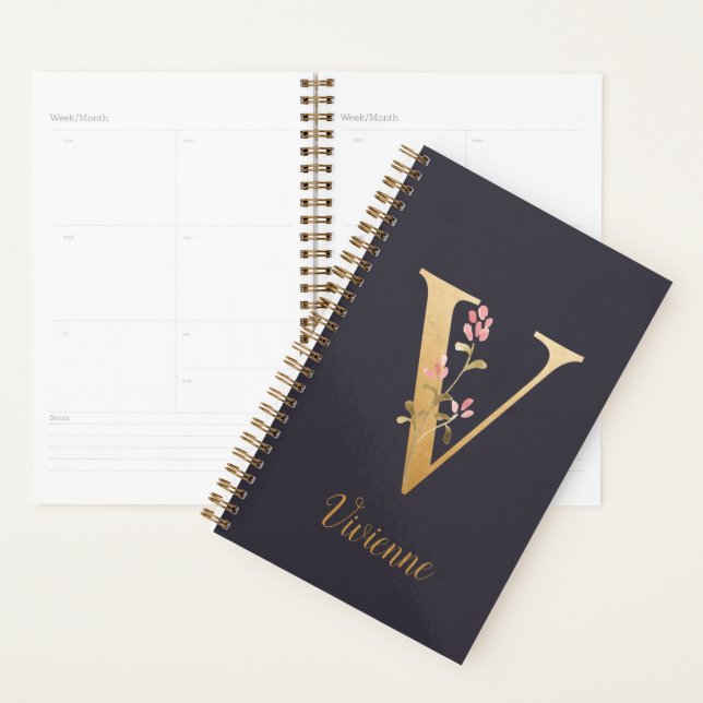 Agenda Monograma Floral Dourado Elegante Azul Personaliza (Exibição)
