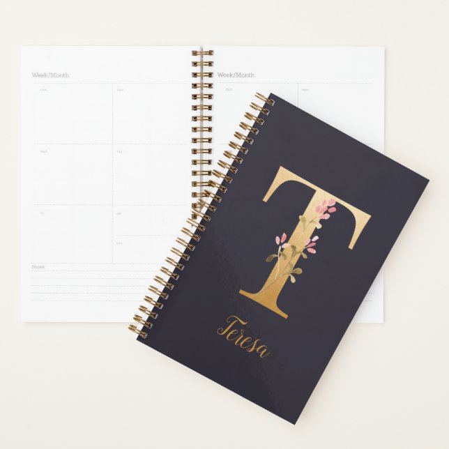 Agenda Monograma Floral Dourado Elegante Azul Personaliza (Exibição)