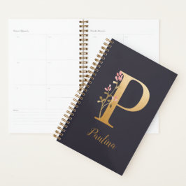Agenda Monograma Floral Dourado Elegante Azul Personaliza