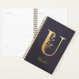 Agenda Monograma Floral Dourado Elegante Azul Personaliza