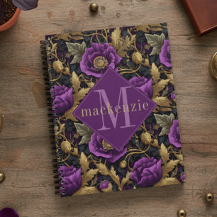 Agenda Monograma Floral Dourado Roxo Elegante William Mor