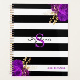 Agenda Monograma Floral Dourado Roxo Preto 2024