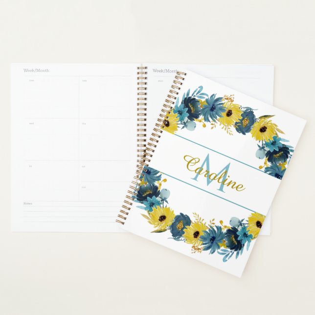 Agenda Monograma Floral Floral de Outono Dourado Azul (Exibição)