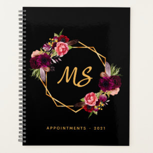 Agenda Monograma floral geométrico burgundy de ouro pret