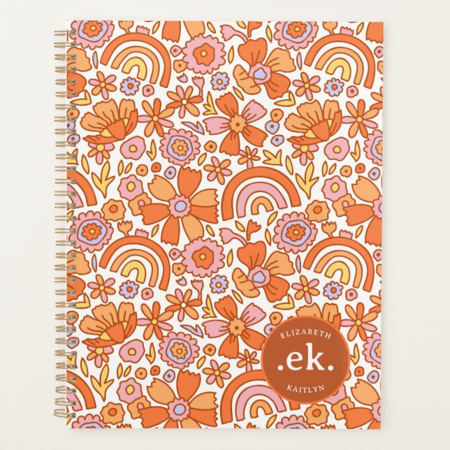 Agenda Monograma Floral Laranja Groovy Retro (Frente)