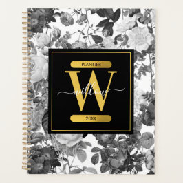 Agenda Monograma Floral Preto, Branco e Dourado