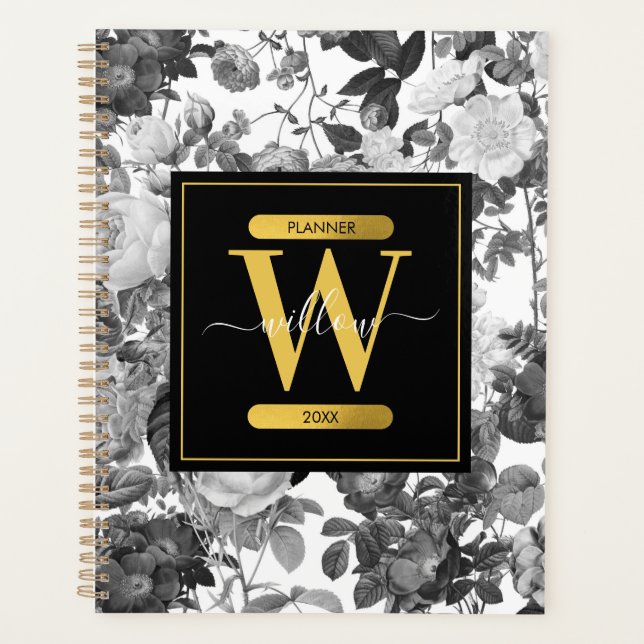Agenda Monograma Floral Preto, Branco e Dourado (Frente)