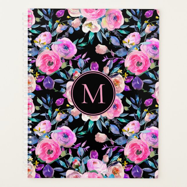 Agenda Monograma Floral Preto Cor-de-Rosa Personalizado (Frente)