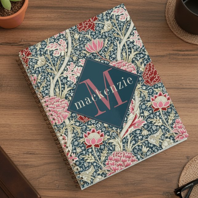Agenda Monograma Floral Rosa Azul Elegante William Morris (Criador carregado)