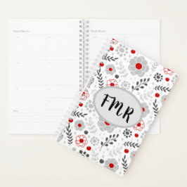 Agenda Monograma Floral Vermelho da Cinza Moderna
