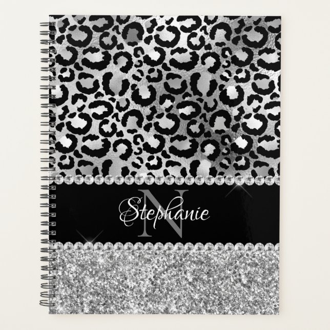 Agenda Monograma Glamour Leopard Preto e Prata (Frente)