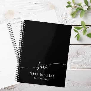 Agenda Monograma inicial de script branco e preto elegant