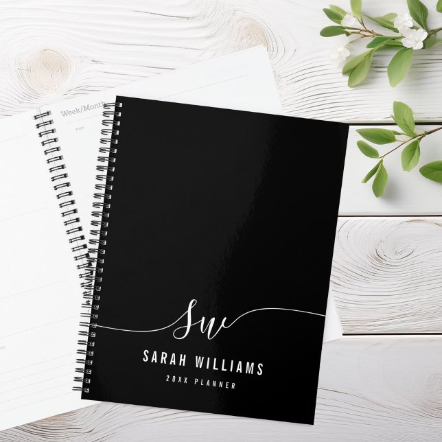 Agenda Monograma inicial de script branco e preto elegant (Criador carregado)