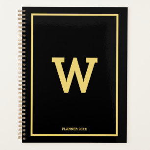 Agenda Monograma Inicial Dourado Preto Simples Mensal